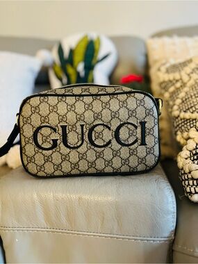 Gucci Beige Monogram Crossbody with Black Logo Patch